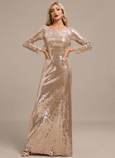 A-line Scoop Floor-Length Sequin Evening Dress With Beading 