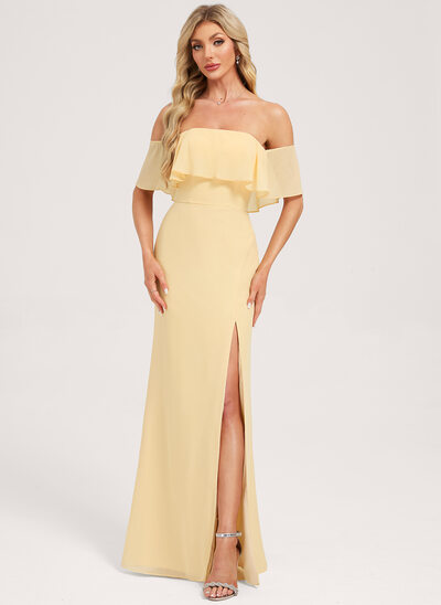 Trumpet/Mermaid Off the Shoulder Floor-Length Chiffon Bridesmaid Dress With Ruffle 