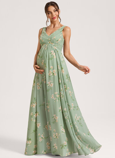 A-Linien-Kleid V-Ausschnitt Bodenlang Chiffon Umstandskleider mit Falten 