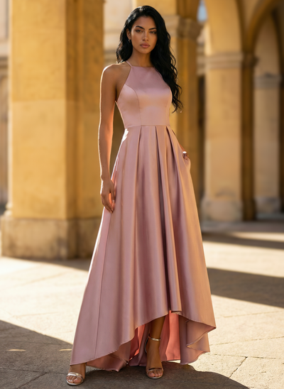 Sukienka Trapezowa Wiązana na szyi Satyna Sukienka