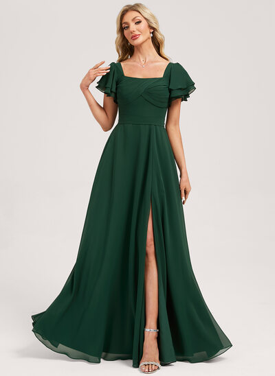 A-line Square Floor-Length Chiffon Bridesmaid Dress With Cascading Ruffles 