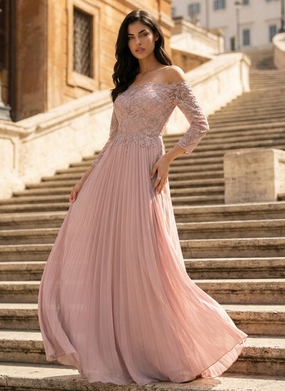 Abito con spalle scoperte paillettes in pizzo