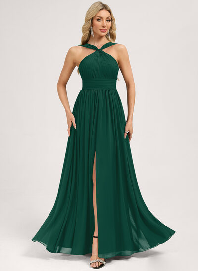 A-line V-Neck Floor-Length Chiffon Bridesmaid Dress With Ruffle 