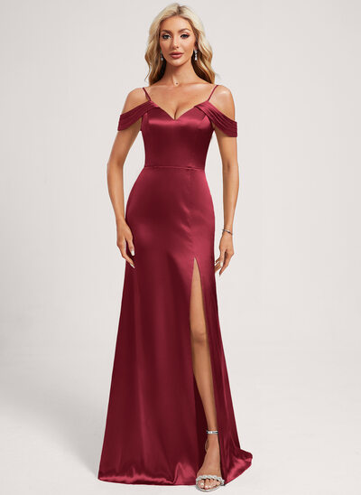 Robe de demoiselle d'honneur sirène épaules ajourées longueur ras du sol satin extensible 