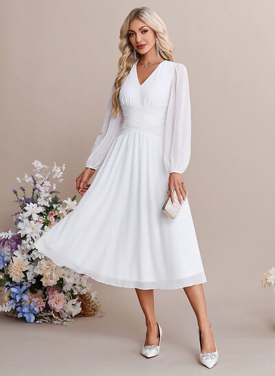 A-line V-Neck Tea-Length Chiffon Wedding Dress With Ruched 