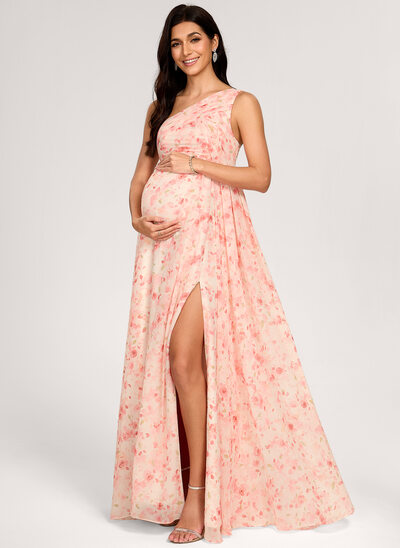 Kjole med A-linje One-Shoulder Gulvlængde Chiffon Graviditetskjoler med Flæsekanter 