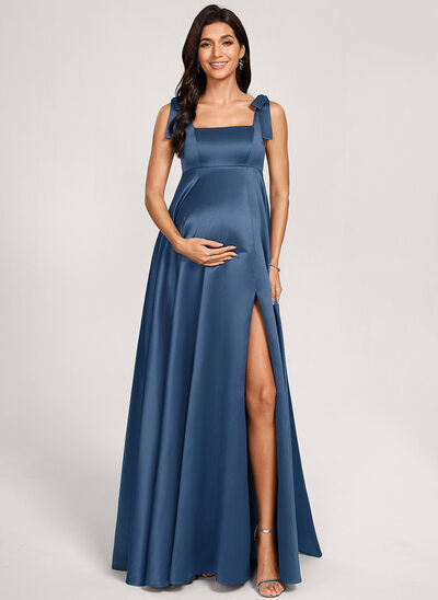 Kjole med A-linje Square Gulvlængde Satin Graviditetskjoler med Sløjfe 