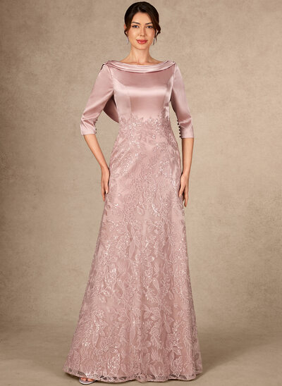 A-lijn-jurk boothals vloer lengte kant stretch satijn moeder van de bruid jurk met cape mouwen pailletten 