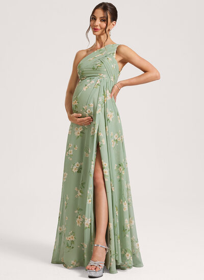 A-line One Shoulder Floor-Length Chiffon Maternity Dresses With Ruffle 