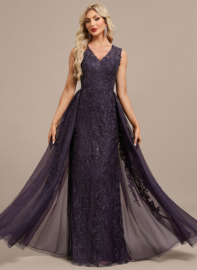 Sheath/Column V-Neck Floor-Length Lace Evening Dress With Sequins 