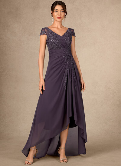 A-lijn-jurk v-hals asymmetrische kant de chiffon moeder van de bruid jurk met plooirok pailletten 