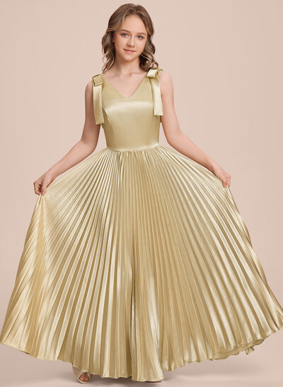 Sukienka Trapezowa Dekolt w kształcie litery V Do Podłogi Rozciągliwa satyna Suknie dla Młodszej Druhny Z Łuk