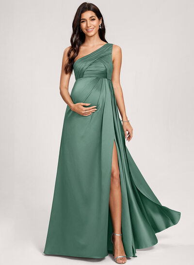 Kjole med A-linje One-Shoulder Gulvlængde Satin Graviditetskjoler med Flæsekanter 