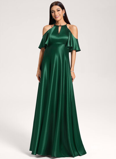 A-Linien-Kleid Neckholder Schulterfrei Bodenlang Stretch-Satin Umstandskleider 