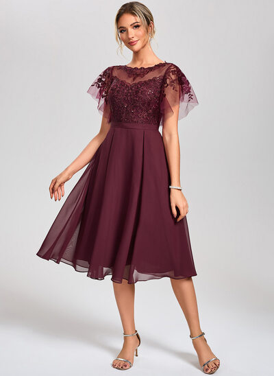 A-line Illusion Knee-Length Chiffon Cocktail Dress With Sequins 