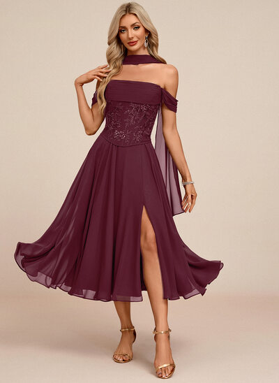 Off the Shoulder Scarf Chiffon Midi Dress