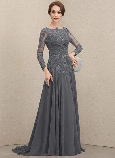 Abiti linea a girocollo sweep/spazzola treno pizzo chiffona abito mamma di sposa e sposo con lustrini 