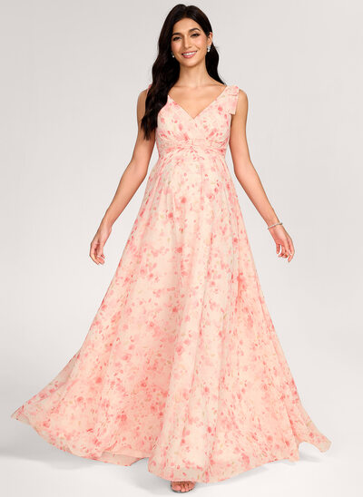 Kjole med A-linje V-hals Gulvlængde Chiffon Graviditetskjoler med Sløjfe Flæsekanter 