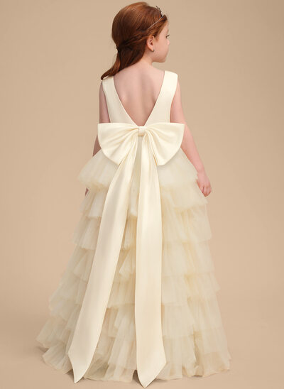 Ball-Gown/Princess Scoop Floor-Length Tulle Satin Flower Girl Dress With Bow 