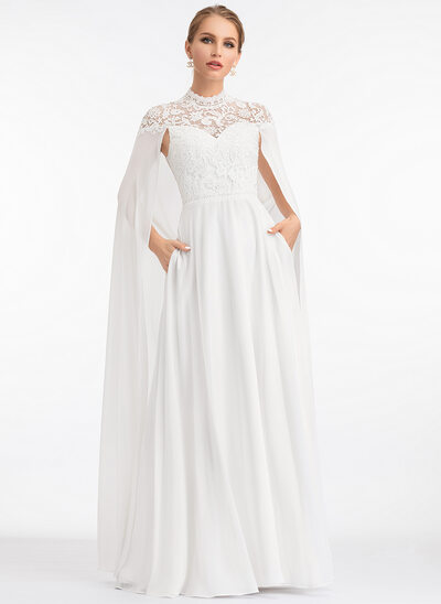 Vestido linha-a gola alta longos renda tecido de seda vestido de noiva 