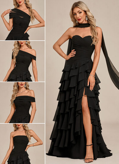 Off the Shoulder Strapless Cascading Ruffles Chiffon Maxi Dress