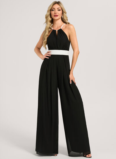 Robe de demoiselle d'honneur combinaisons licou longueur ras du sol mousseline avec noir et blanc 