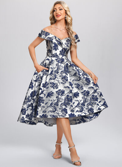 A-line Off the Shoulder Tea-Length Asymmetrical Satin Jacquard Cocktail Dress With Floral Print 