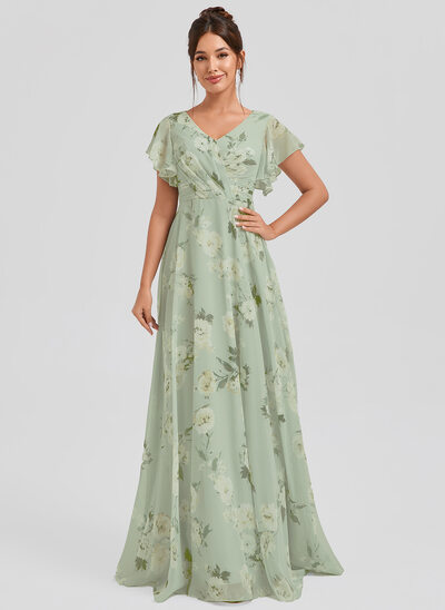 Robe de demoiselle d'honneur trapèze col v longueur ras du sol mousseline avec volants 