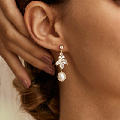 Classic Leaf Cubic Zirconia Drop Earrings Wedding Jewelry For Bride