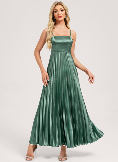 A-line Square Ankle-Length Stretch Satin Bridesmaid Dress With Pleated 