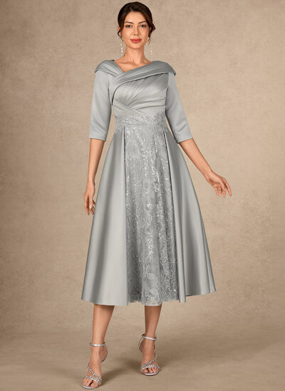 A-lijn-jurk asymmetrische thee lengte satijn kant moeder van de bruid jurk met overrok pailletten plooirok 