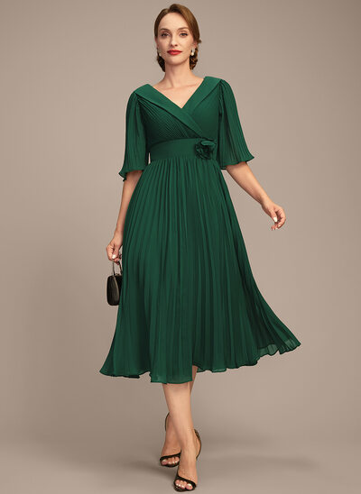 A-line V-Neck Collared Tea-Length Chiffon Mother of the Bride Dress With 3D Floral Pleated 