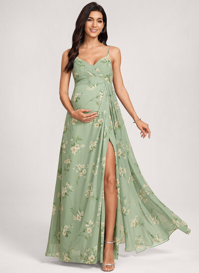 Kjole med A-linje V-hals Gulvlængde Chiffon Graviditetskjoler med Plisseret 