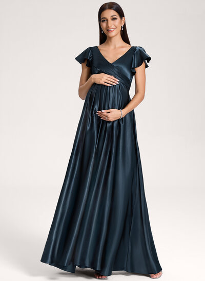 A-Linien-Kleid V-Ausschnitt Bodenlang Stretch-Satin Umstandskleider mit Rüschen 