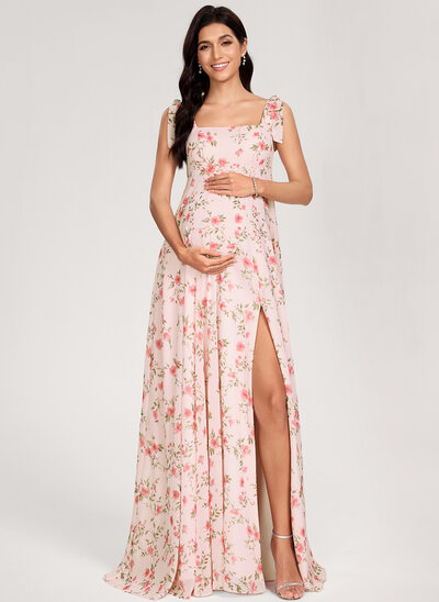 Kjole med A-linje Square Gulvlængde Chiffon Graviditetskjoler med Sløjfe 