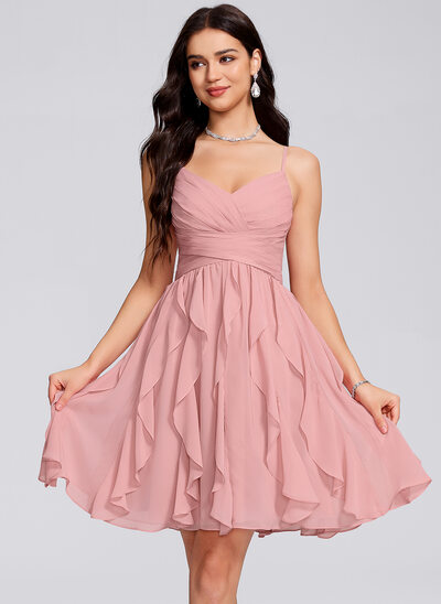 A-line V-Neck Short Chiffon Homecoming Dress With Ruffle 
