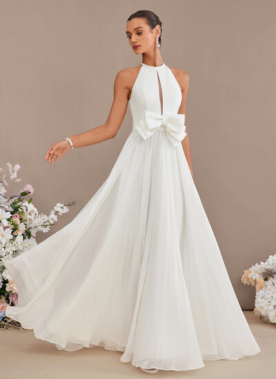 A-line Halter Sweep Train Chiffon Wedding Dress With Bow Pleated 