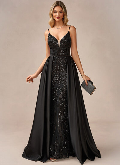 A trapezio scollatura a v a terra raso paillettes abito da sera con sopragonna 