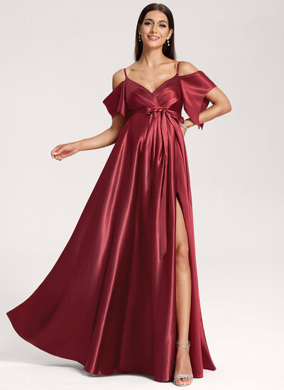 A-Linien-Kleid V-Ausschnitt Schulterfrei Bodenlang Stretch-Satin Umstandskleider mit Falten Schleife 