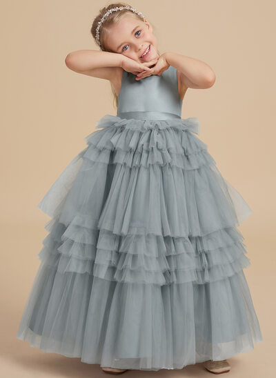 Tanssiaismekot/prinsessa square lattiaa hipova pituus tylli satiini kukka tyttö mekot jossa keula 