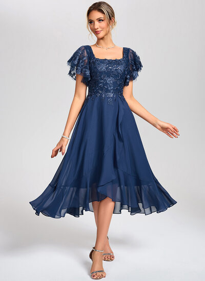 A-line Square Asymmetrical Tea-Length Lace Chiffon Cocktail Dress With Sequins 