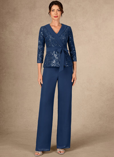 Broekpakken scheidt v-hals vloer lengte kant de chiffon moeder van de bruid jurk met strik pailletten 