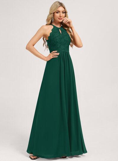 A-line Scoop Floor-Length Lace Chiffon Bridesmaid Dress 