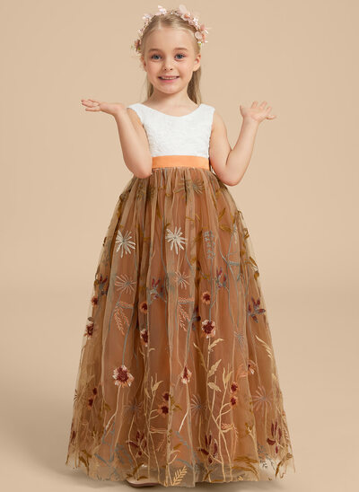 A-linja v-kaula lattiaa hipova pituus pitsi tylli kukka tyttö mekot 