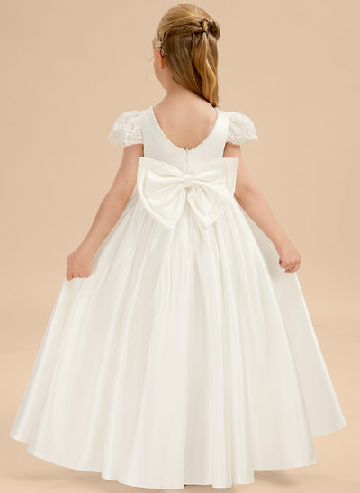 A-linja pyöreä kaula-aukko lattiaa hipova pituus satiini kukka tyttö mekot jossa keula 