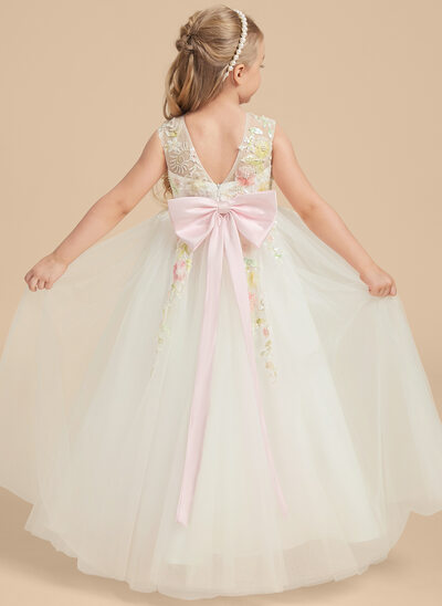 Tanssiaismekot/prinsessa pyöreä kaula-aukko lattiaa hipova pituus pitsi tylli paljetti kukka tyttö mekot jossa keula helmikoristelu 