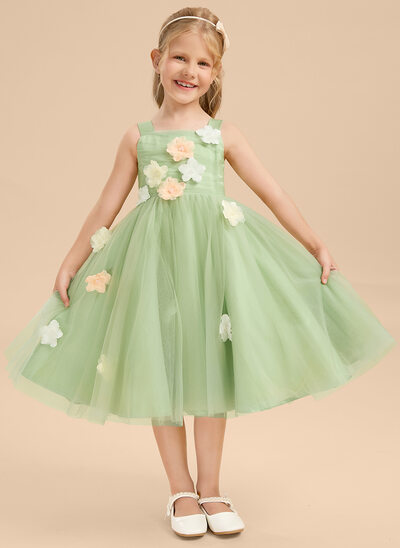 A-linja square polven alle tylli kukka tyttö mekot jossa 3d kukka 