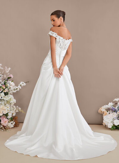 A-line V-Neck Court Train Satin Lace Wedding Dress With Sequins 