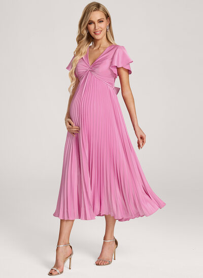 A-line Pleated Matte Satin Maternity Dress