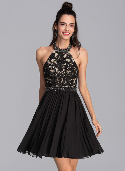 A-Line Halter Short/Mini Chiffon Homecoming Dress With Beading Sequins Pleated 